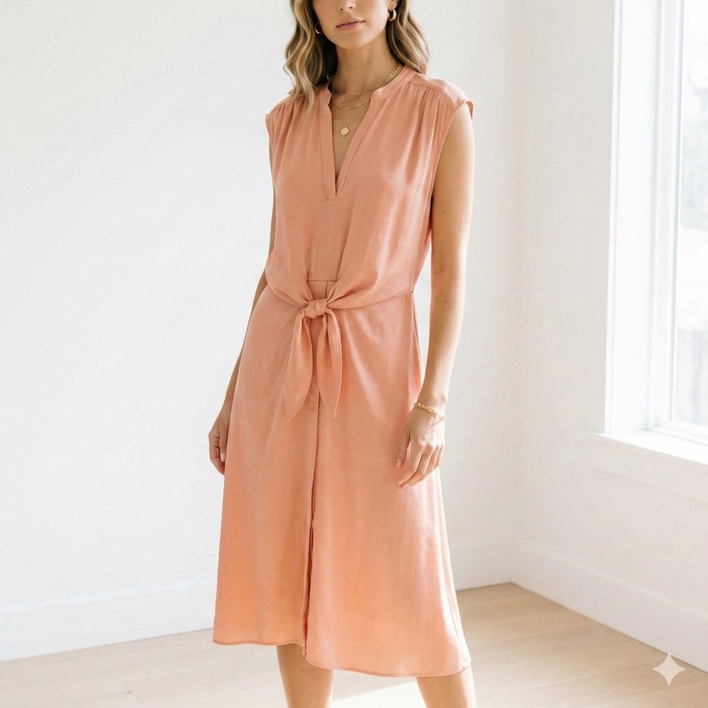 Brochu Walker Peach Coral Austin Sleeveless Tie Front Midi Dress - Medium